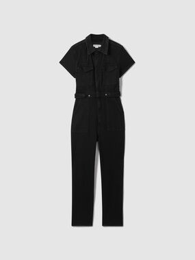 Good American Black Fit For Success Jumpsuit Short-Sleeve Zip